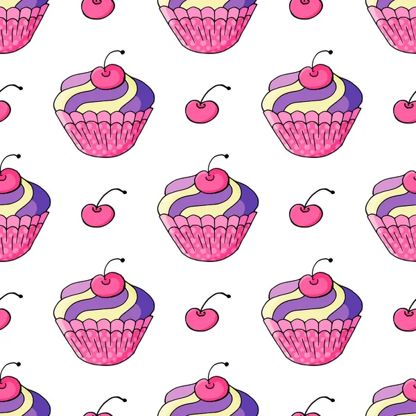 Tatlı hamur işleriyle kusursuz desen. Vektör çizimi. Şirin kekler, kekler. Kiraz. Paketleme, ambalaj kağıdı gibi şeylerde kullanılabilir.