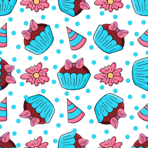 Tatlı hamur işleriyle kusursuz desen. Vektör çizimi. Şirin kekler, kekler. Dekoratif baskı, çiçekler, doğum günü şapkaları