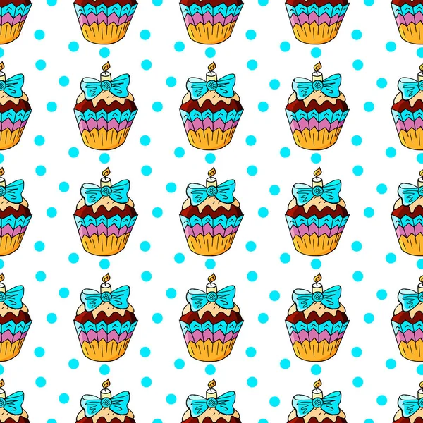 Tatlı hamur işleriyle kusursuz desen. Vektör çizimi. Şirin kekler, kekler. Puantiyeli dekoratif baskı. Tekstil, kumaş, ambalaj için