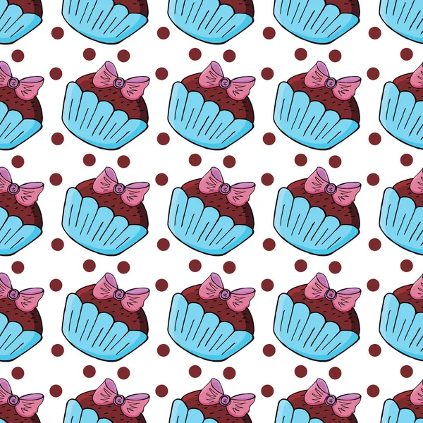 Tatlı hamur işleriyle kusursuz desen. Vektör çizimi. Şirin kekler, kekler. Puantiyeli arka plan. Paketleme için kullanılabilir.