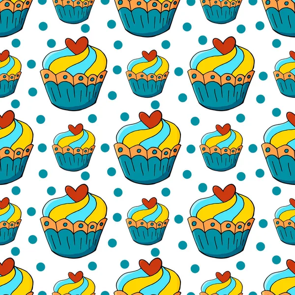 Tatlı hamur işleriyle kusursuz desen. Vektör çizimi. Şirin kekler, kekler. Puantiyeli arka plan. Paketleme, ambalaj kağıdı olarak kullanılabilir.