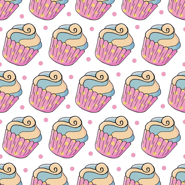 Tatlı hamur işleriyle kusursuz desen. Vektör çizimi. Şirin kekler, kekler. Puantiyeli arka plan. Kumaş, ambalaj, duvar kağıdı dokusu