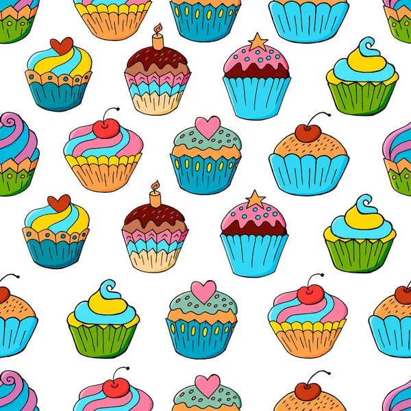 Tatlı hamur işleriyle kusursuz desen. Vektör çizimi. Şirin kekler, kekler. Doku