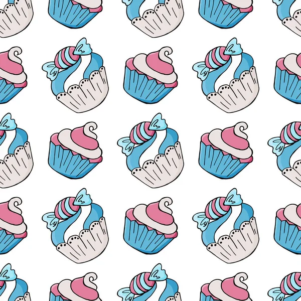 Tatlı hamur işleriyle kusursuz desen. Vektör çizimi. Şirin kekler, kekler. Beyaz arka plan. Kumaş dokusu