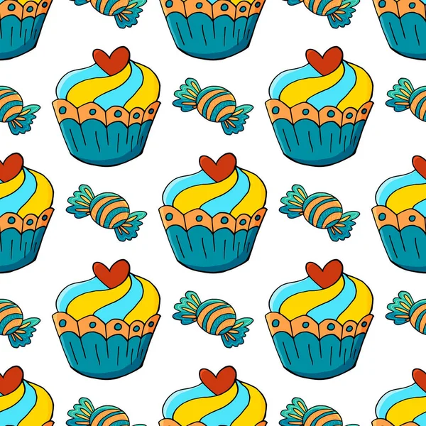 Modello Senza Cuciture Con Dolci Pasticcini Illustrazione Vettoriale Muffin Carini — Vettoriale Stock