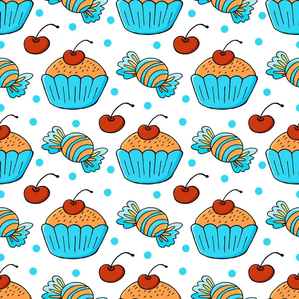 Tatlı hamur işleriyle kusursuz desen. Vektör çizimi. Çok güzel bahar çörekleri, kekler. Puantiyeli arka plan. Paketleme, paketleme ve benzeri şeylerde kullanılabilir.