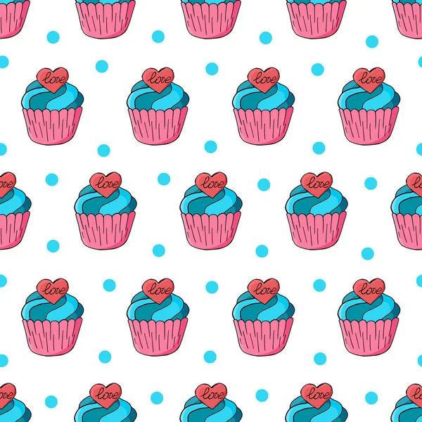 Tatlı hamur işleriyle kusursuz desen. Vektör çizimi. Kalpli şirin kekler, kekler. Puantiyeli arka plan. Paketleme, ambalaj kağıdı, tekstil ve benzeri şeylerde kullanılabilir.
