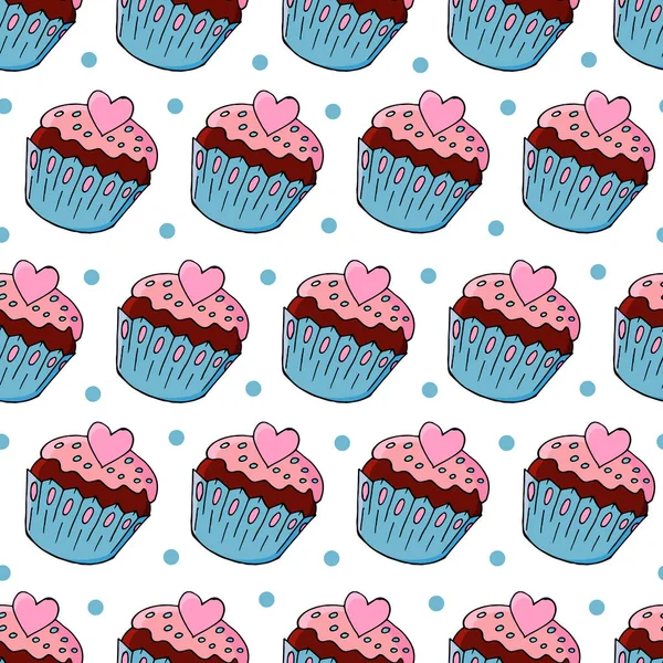 Padrão Sem Costura Com Doces Doces Ilustração Vetorial Muffins Bonitos — Vetor de Stock