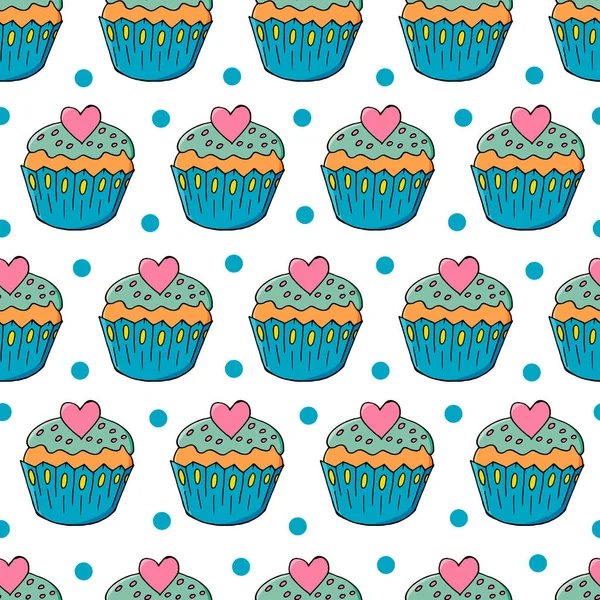 Tatlı hamur işleriyle kusursuz desen. Vektör çizimi. Kalpli şirin kekler, kekler. Puantiyeli arka plan. Paketleme, ambalaj kağıdı gibi şeylerde kullanılabilir.