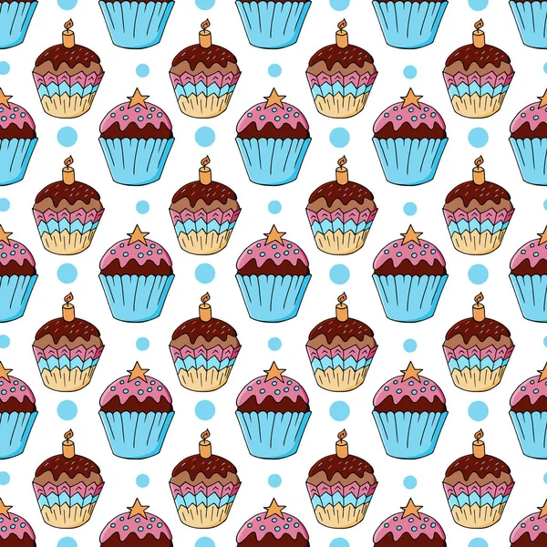 Tatlı hamur işleriyle kusursuz desen. Vektör. Şirin kekler, kekler, mumlu pasta. Dekoratif baskı polka noktaları