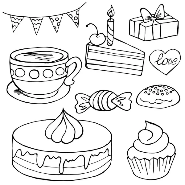 Sada Ikon Cupcakes Ručním Kreslení Stylu Kolekce Vektorových Ilustrací Pro — Stockový vektor