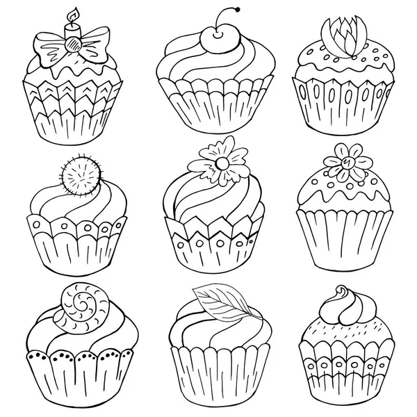 Set of icons of cupcakes, muffins in hand draw style. Collection