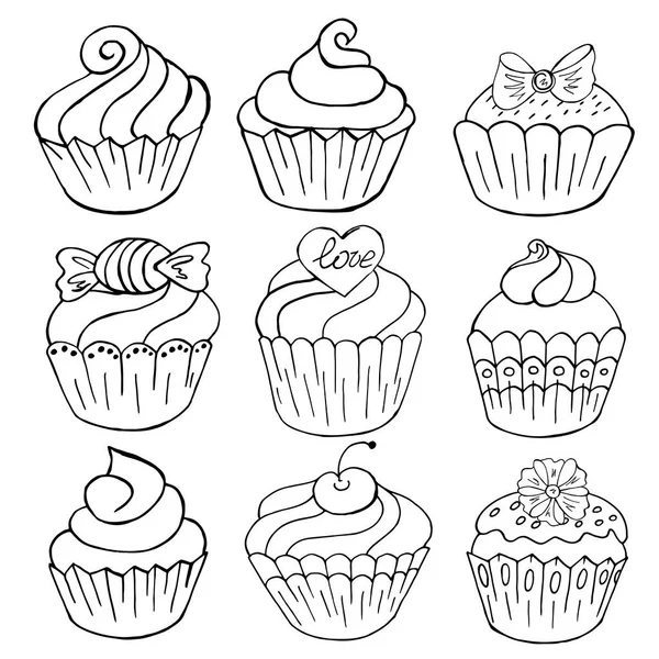 Kek ikonları, muffinler elde çizim stili. Tasarımınız için vektör illüstrasyonları koleksiyonu. Tatlı hamur işleri, kekler. Taslak çizim, renklendirme