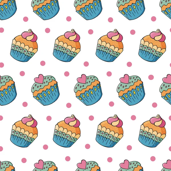 Vektor Illusztráció Zökkenőmentes Minta Édes Süteményekkel Cuki Muffinok Sütik Polka — Stock Vector