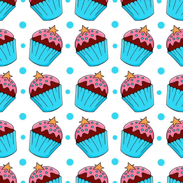 Vektör çizimi. Tatlı hamur işleriyle kusursuz desen. Şirin kekler, kekler. Puantiyeli arka plan. Kumaş dokusu