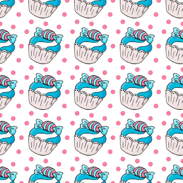 Vektör çizimi. Tatlı hamur işleriyle kusursuz desen. Şirin kekler, kekler. Polka nokta arkaplanı