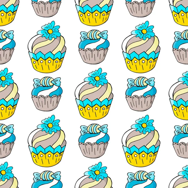 Illustrazione Vettoriale Modello Senza Cuciture Con Dolci Pasticcini Muffin Carini — Vettoriale Stock