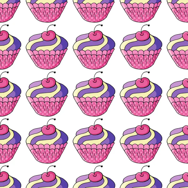 Vektör çizimi. Tatlı hamur işleriyle kusursuz desen. Şirin kekler, kekler. Kumaş, ambalaj, duvar kağıdı dokusu Tatlı