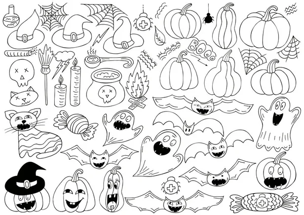 Großes Set Von Halloween Designelementen Handzeichnen Stil Kürbisse Fledermäuse Gespenster — Stockvektor