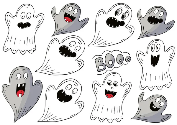 Zestaw Duchów Stylu Rysowania Dłoni Zbiór Ilustracji Wektorowych Projektu Halloween — Wektor stockowy