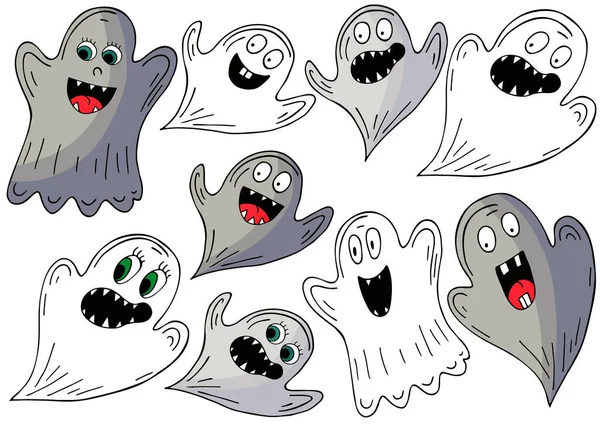 Hayaletler el çizimi tarzında. Cadılar Bayramı tasarımı için vektör çizimleri koleksiyonu. Cadılar Bayramı öğeleri, çizgi film tarzı. İmzala, çıkartma