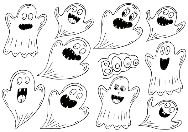 Hayaletler el çizimi tarzında. Cadılar Bayramı tasarımı için vektör çizimleri koleksiyonu. Renkli elementler, çizgi film tarzı. İmzala, çıkartma, iğne