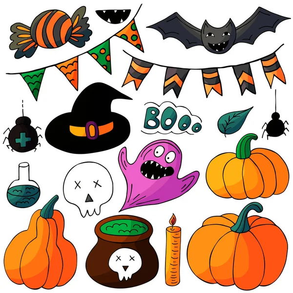 Cadılar Bayramı tasarım elementleri el çizimi tarzında. Cadı aksesuarları, balkabakları, bayraklar. Cadılar Bayramı ikonları, çizgi film tarzı. İmzala, çıkartma, iğne