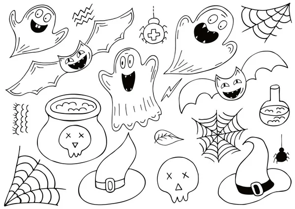 Cadılar Bayramı tasarım elementleri el çizimi tarzında. Aksesuarlar, cadılar, hayaletler, yarasalar. Cadılar Bayramı simgeleri, renkli. İmzala, çıkartma, iğne