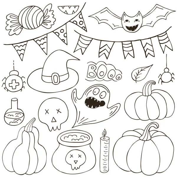 Conjunto Elementos Diseño Halloween Estilo Dibujo Mano Accesorios Brujas Calabazas — Vector de stock