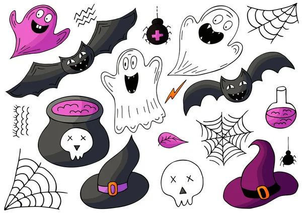 Conjunto Elementos Diseño Halloween Estilo Dibujo Mano Accesorios Brujas Fantasmas — Archivo Imágenes Vectoriales