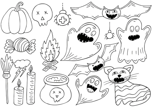 Conjunto Elementos Diseño Halloween Estilo Dibujo Mano Suministros Brujas Calabazas — Vector de stock