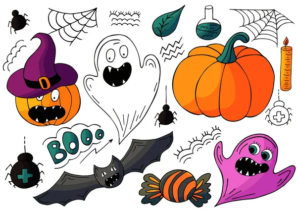 Zestaw Elementów Projektu Halloween Stylu Rysowania Strony Zapasy Czarownic Dynie — Wektor stockowy