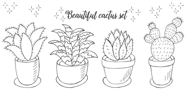 Ilustración Para Colorear Conjunto Imágenes Dibujos Animados Cactus Macetas Cactus — Vector de stock