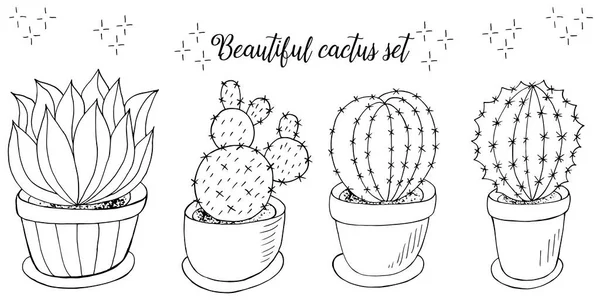 かわいいベクトルイラスト 花のポットにサボテンの漫画のイメージのセット サボテン アロエ 多肉植物 コレクション装飾的なモノクロームの要素は白で隔離されています — ストックベクタ