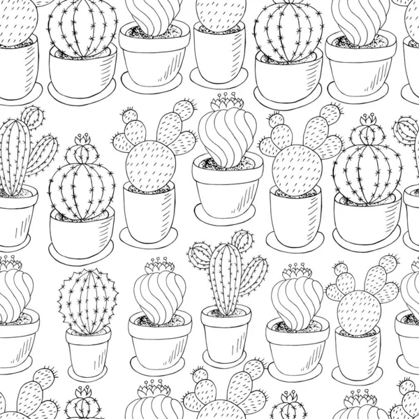 Naadloos Patroon Van Verschillende Cactussen Leuke Vectorachtergrond Van Bloempotten Tropisch — Stockvector