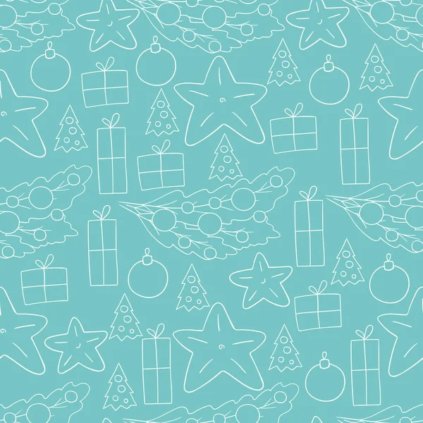 Mavi desen el çizimi tarzında. Yıldızlı kusursuz vektör deseni, Noel ağacı süslemeleri. Kumaş, ambalaj, ambalaj vs. için kullanılabilir