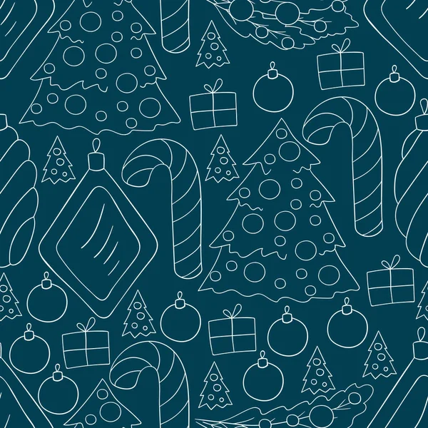 Blauwe Naadloze Vector Patroon Met Suikerriet Kerstboom Decoraties Kan Gebruikt — Stockvector