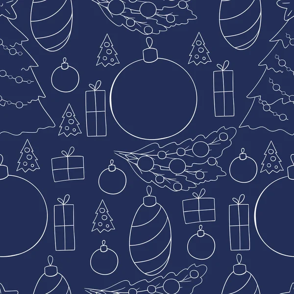 Patrón Vectorial Sin Costuras Azul Con Decoraciones Árboles Navidad Regalos — Archivo Imágenes Vectoriales