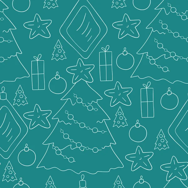 クリスマスツリーの装飾と青のシームレスベクトルパターン 手描き風の模様 生地などに使用できます — ストックベクタ