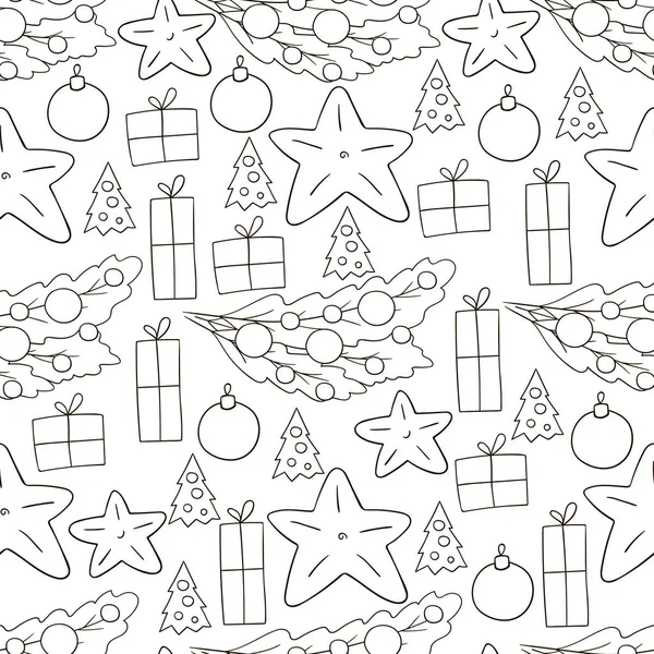 手绘彩绘图案风格 无缝线矢量图案与星星 圣诞树装饰 可用于面料 包装等方面 — 图库矢量图片