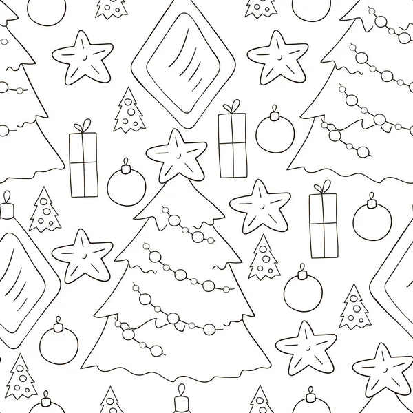 Colorear Patrón Vectores Sin Costuras Con Estrellas Decoraciones Árboles Navidad — Archivo Imágenes Vectoriales