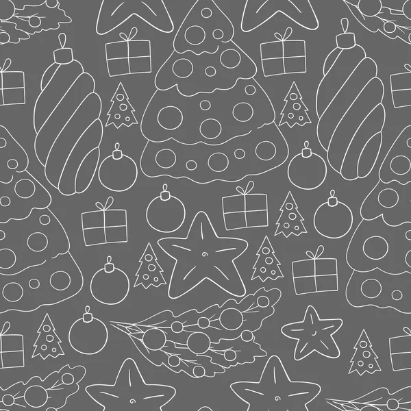 グレイ クリスマスツリーの装飾とシームレスなベクトルパターン 手描き風の模様 包装などに使用できます — ストックベクタ