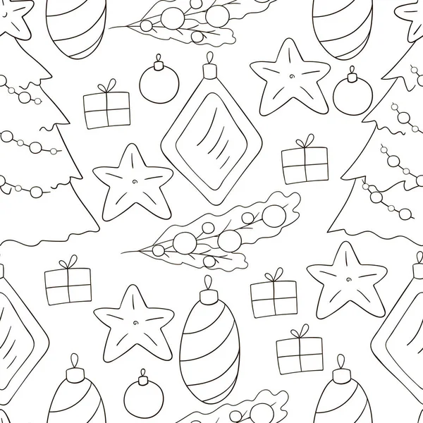 Patrón Vectorial Monocromo Sin Costuras Con Estrellas Decoraciones Árboles Navidad — Archivo Imágenes Vectoriales