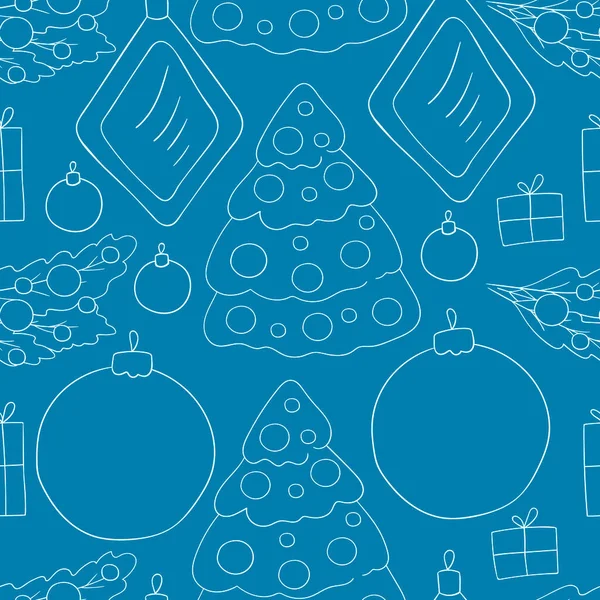 Yeni yıl. Noel ağacı süslemeleri ve hediyeleri olan kusursuz mavi vektör deseni. Kumaş, ambalaj, ambalaj kağıdı vs. için kullanılabilir