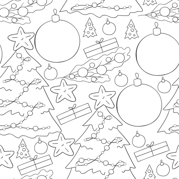 Yıldızlı tek renkli kusursuz vektör deseni, Noel ağacı süslemeleri. Kalıplar el çekme tarzında. Kumaş, ambalaj vesaire için kullanılabilir