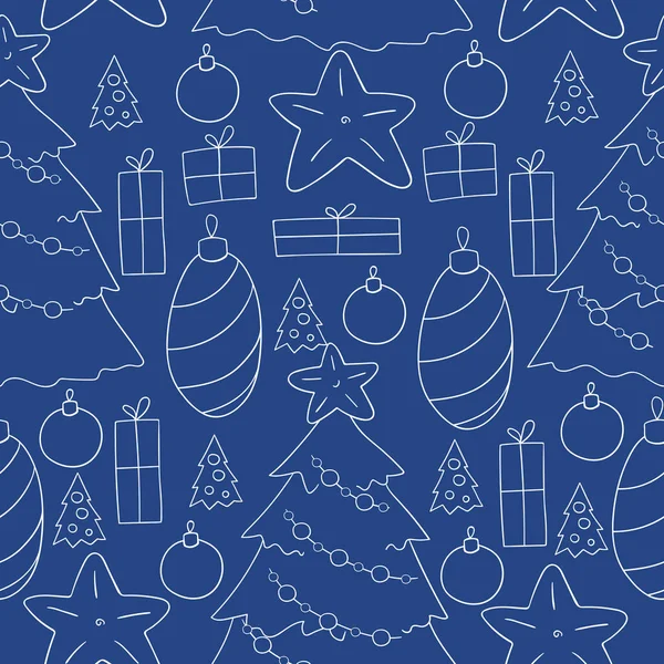 Nieuwjaar Blauwe Naadloze Vector Patroon Met Sterren Kerstboom Decoraties Kan — Stockvector