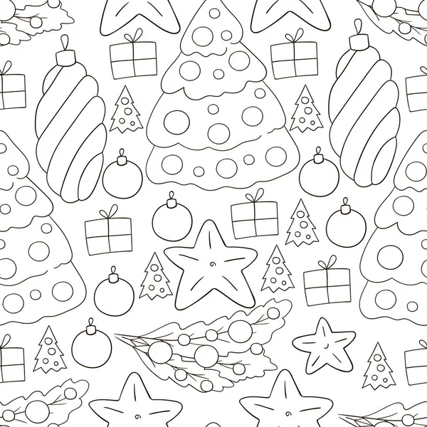 Yeni yıl renklendirmesi. Yıldızlı kusursuz vektör deseni, Noel ağacı süslemeleri. Kalıplar el çekme tarzında. Kumaş, ambalaj vs. için kullanılabilir