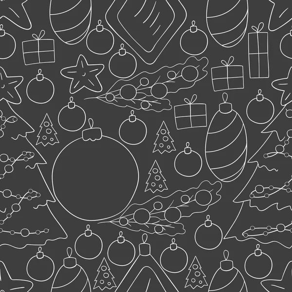 Kalıplar el çekme tarzında. Noel ağacı süslemeleri ve hediyeleri olan gri, pürüzsüz vektör deseni. Yeni Yıl