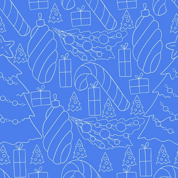 Çubuklu kusursuz vektör deseni, Noel ağacı süslemeleri. Mavi desen el çizimi tarzında. Kumaş ve benzeri şeyler için kullanılabilir.