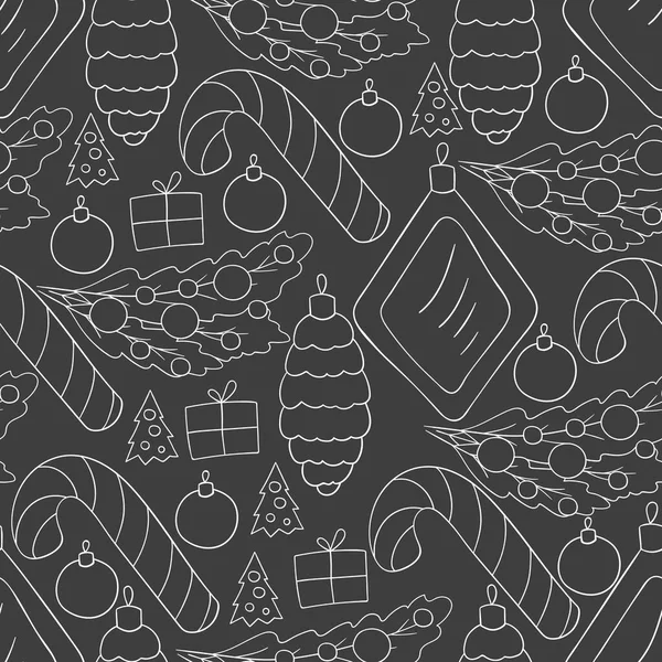 Çubuklu kusursuz vektör deseni, Noel ağacı süslemeleri. Gri desenli el çekme stili. Kumaş, ambalaj vesaire için kullanılabilir